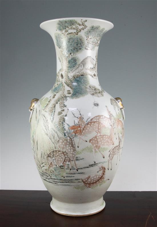 A large Chinese deer enamelled porcelain vase, Republic period, 50.5cm.